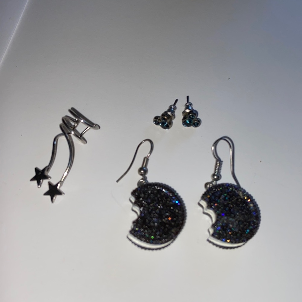 novelty cookie earrings, ear cuff, and mini mickey mouse stud earrings